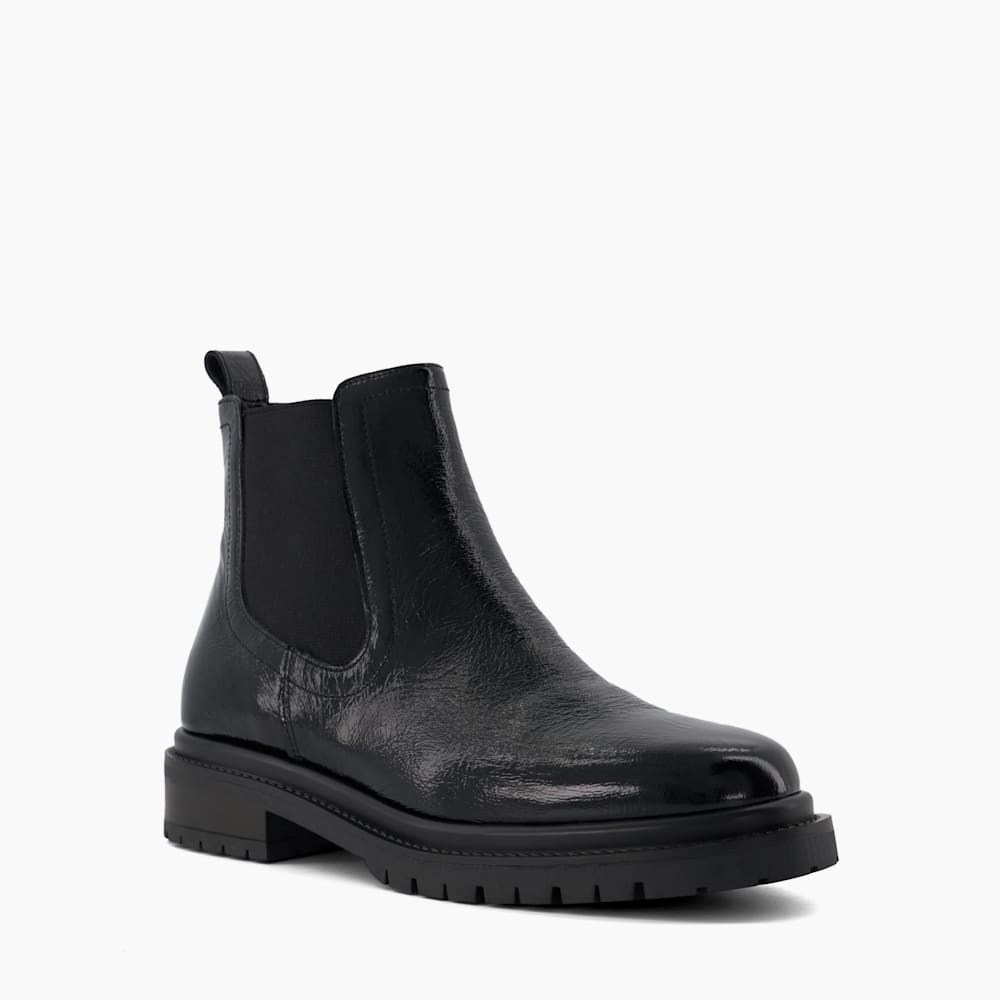Perceive Black, Patent Chelsea Boots Dune London