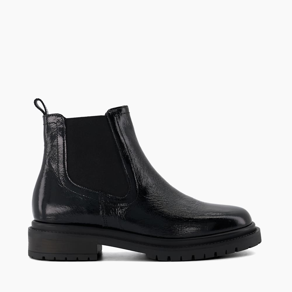 Perceive Black Patent Chelsea Boots Dune London