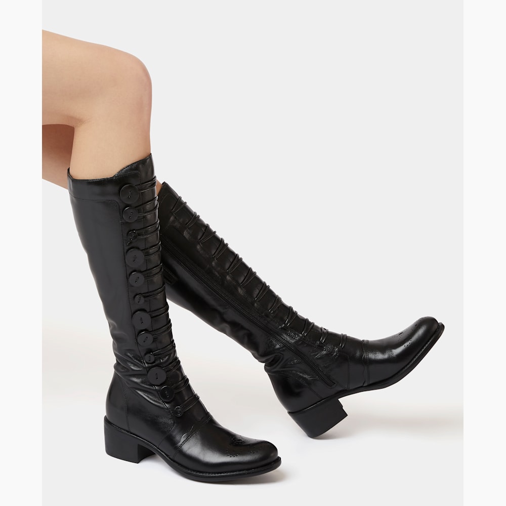 Pixie D Black Button Detail Leather Knee High Boots Dune London