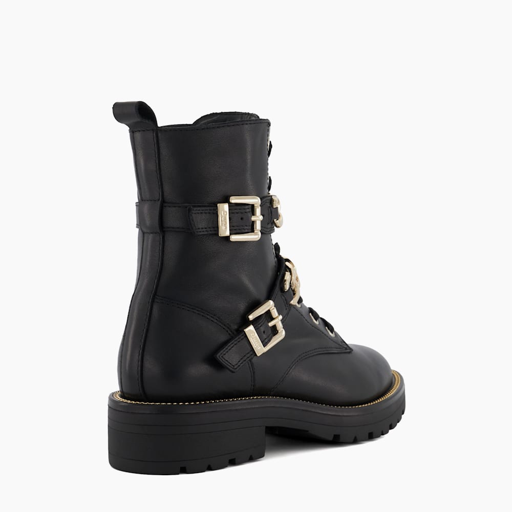 Plazas Black, Branded-Chain-Detail Leather Ankle Boots Dune London