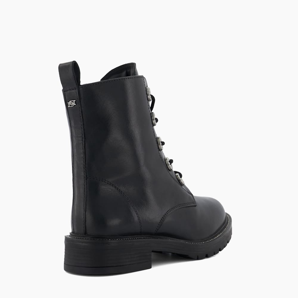 Precious Black, Jewel Eyelet Leather Biker Boots Dune London