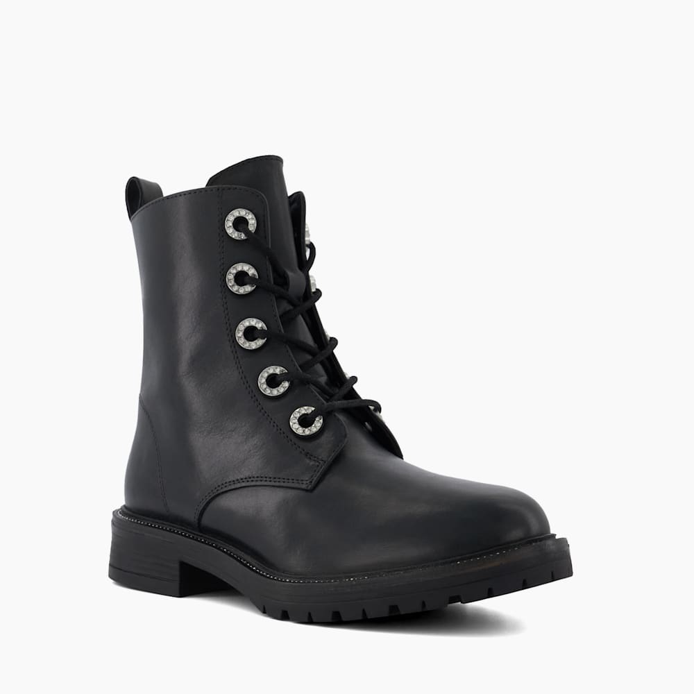 Precious 2 Black Jewel Eyelet Leather Biker Boots Dune London