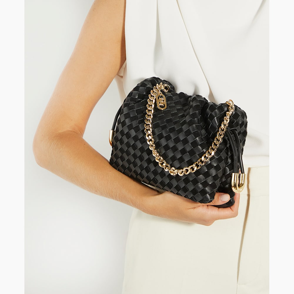 Primrose S Schwarz Kleine geflochtene Ledertasche mit Raffverschluss Dune London