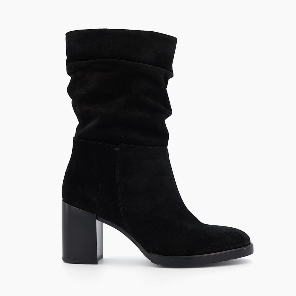 Prominent Black, Ruched Suede Block-Heeled Ankle Boots Dune London