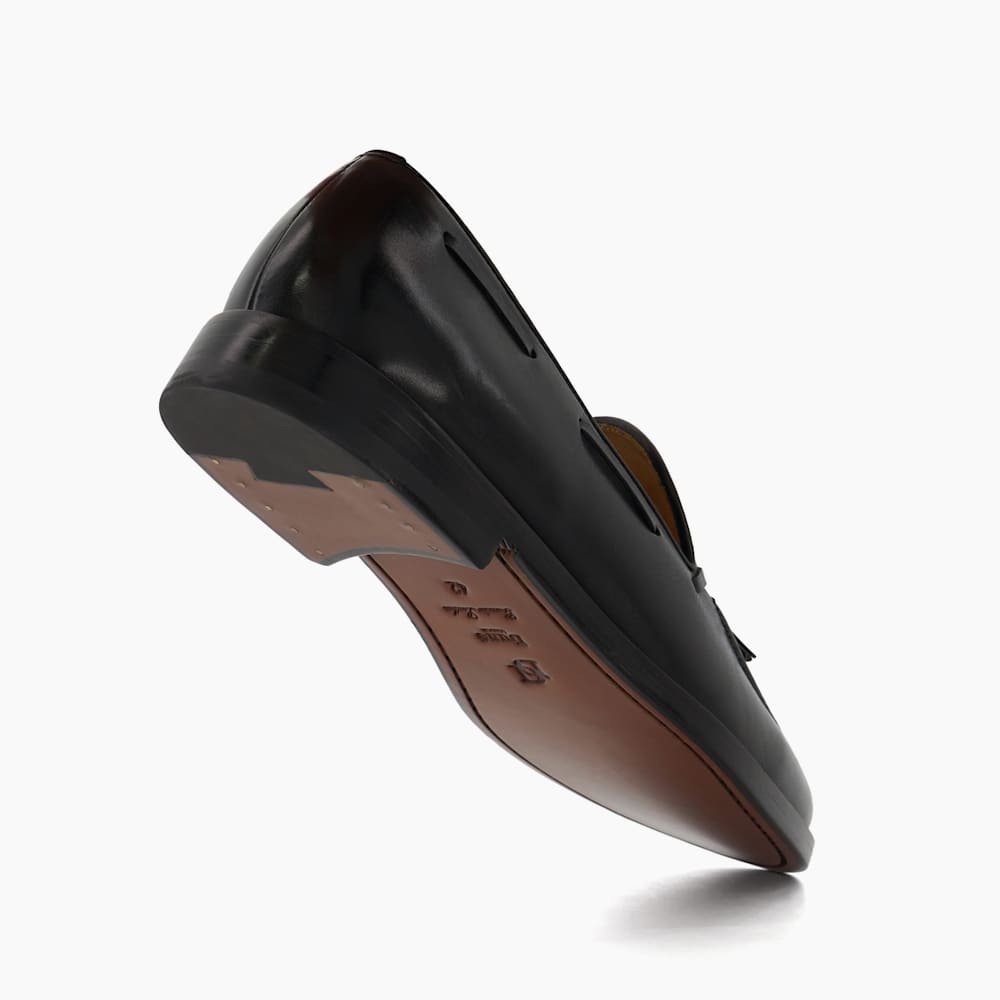 Sanders Black, Leather Tassel Trimmed Loafers | Dune London