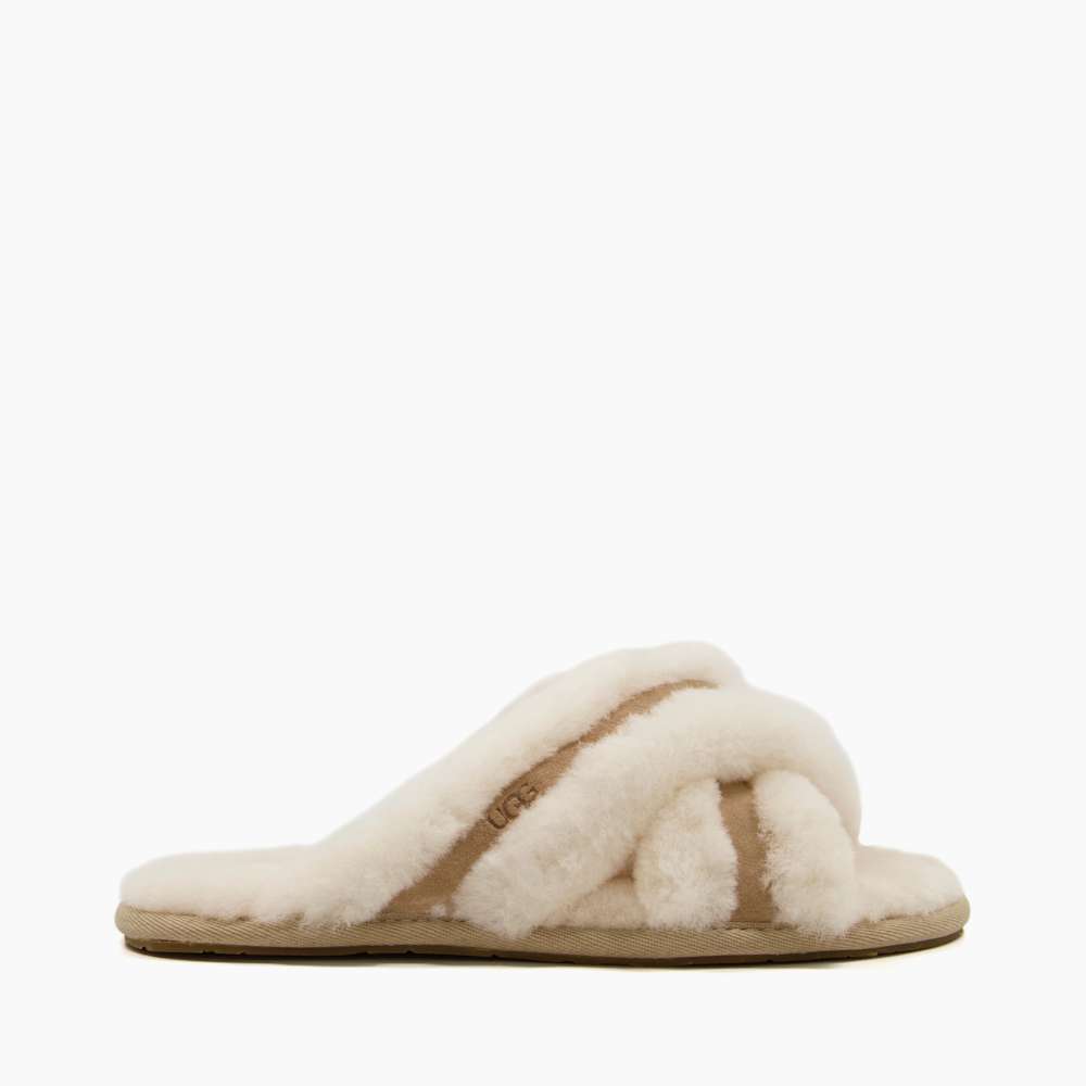 Scuffitta Natural Cross Strap Faux Fur Slippers Dune London
