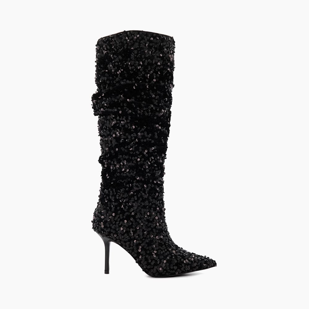Black sequin knee high boots deals