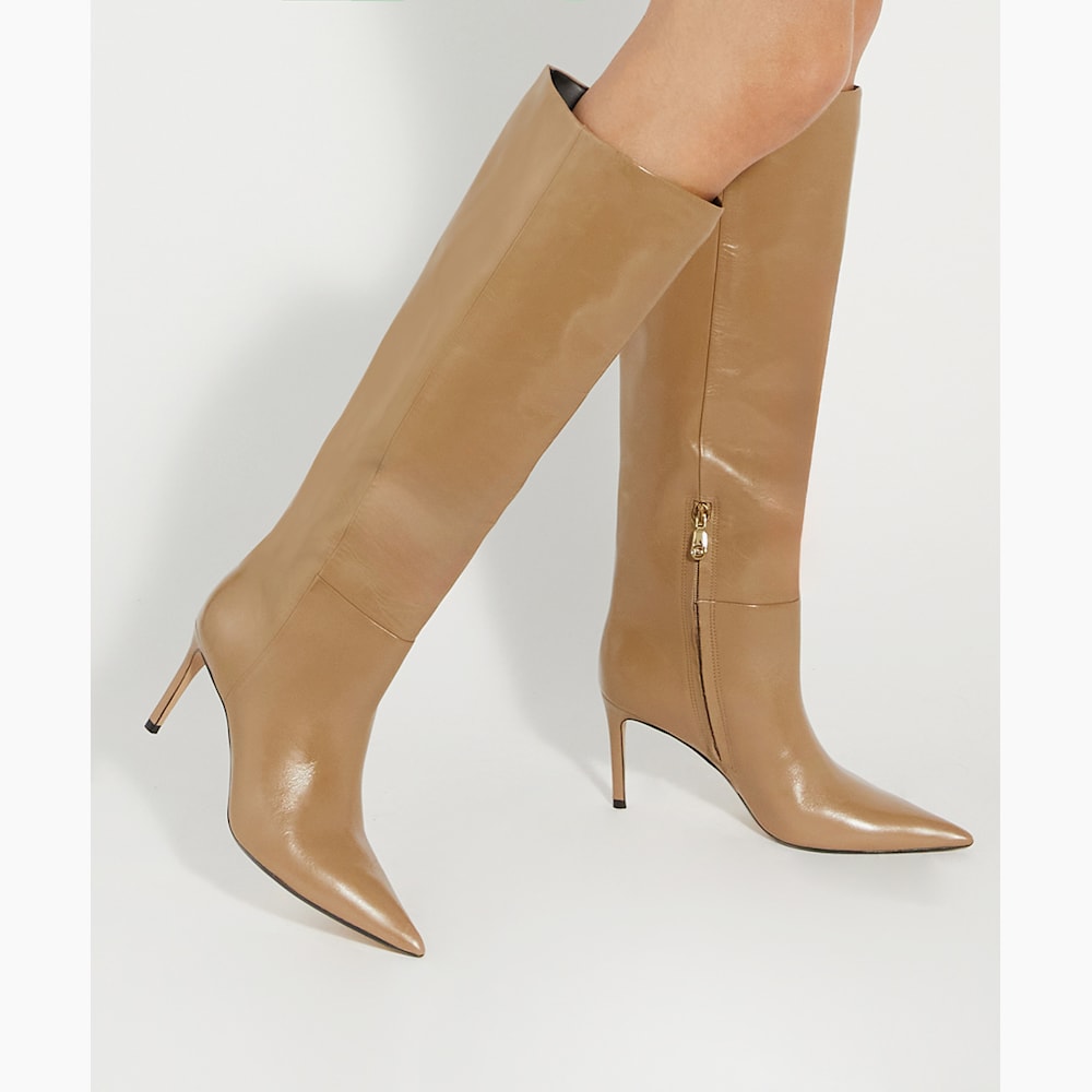 Serve Caramel Leather Pull On Knee High Boots Dune London