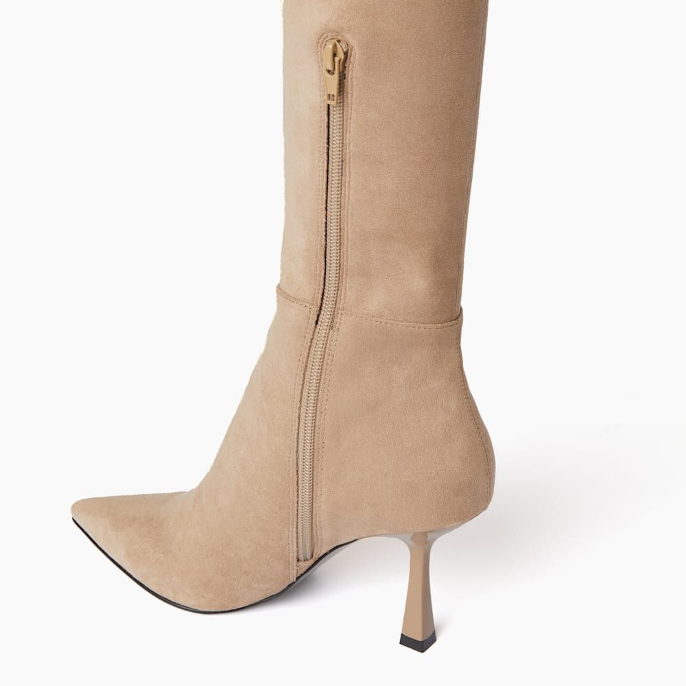 Sibella Taupe, Flared Heel Knee-High Boots | Dune London