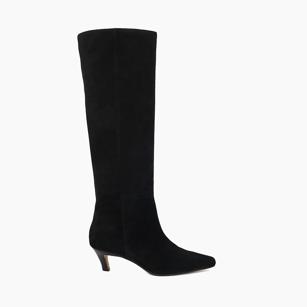 Black Suede Knee Grey Knee High Boots Low Heel Black Stretch Suede