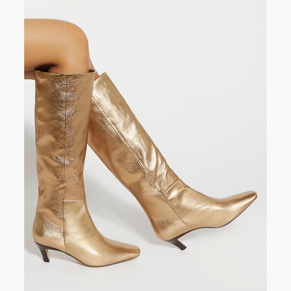 Slink Gold Knee High Low Heel Boots Dune London