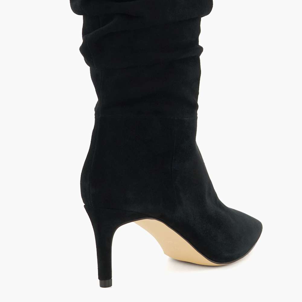 Slouch Black, Ruched Suede Heeled Boots Dune London