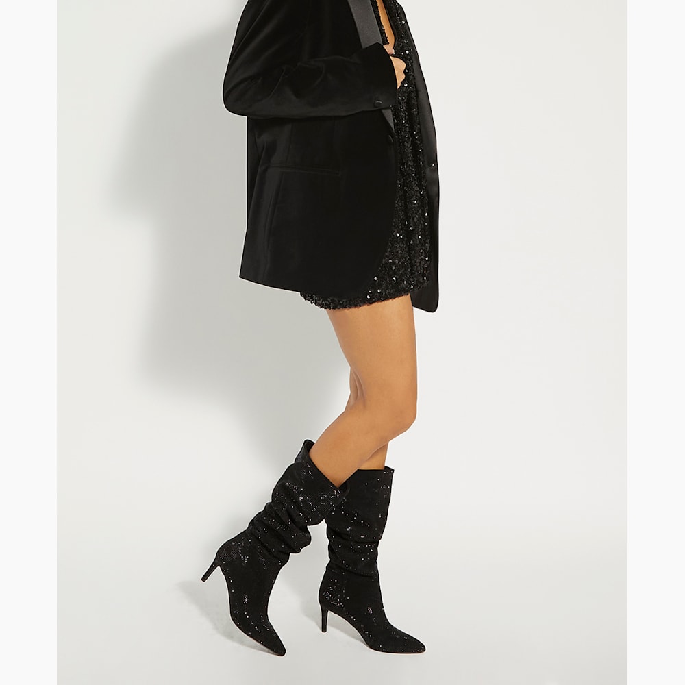 Slouch Black, Diamante Ruched Calf-Length Boots Dune London