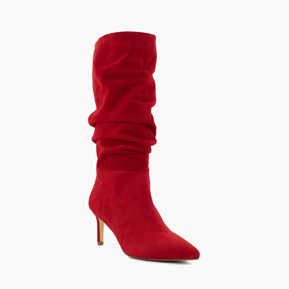 Slouch Red Ruched Suede Stiletto Calf Length Boots Dune London