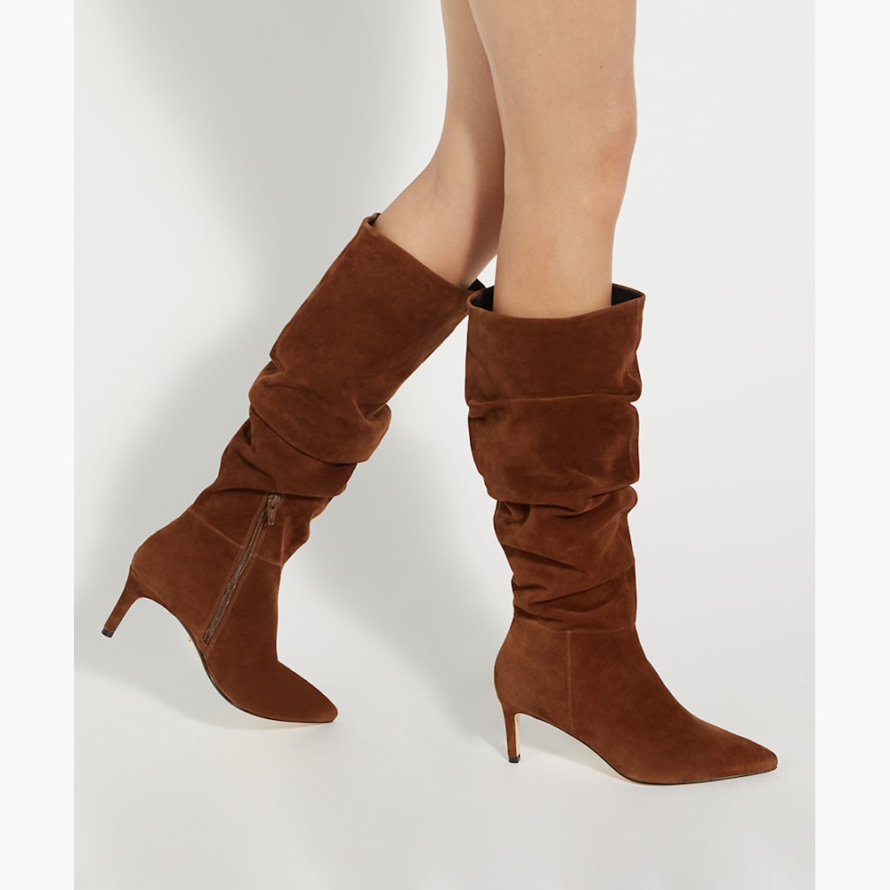 Tan slouchy knee high boots discount