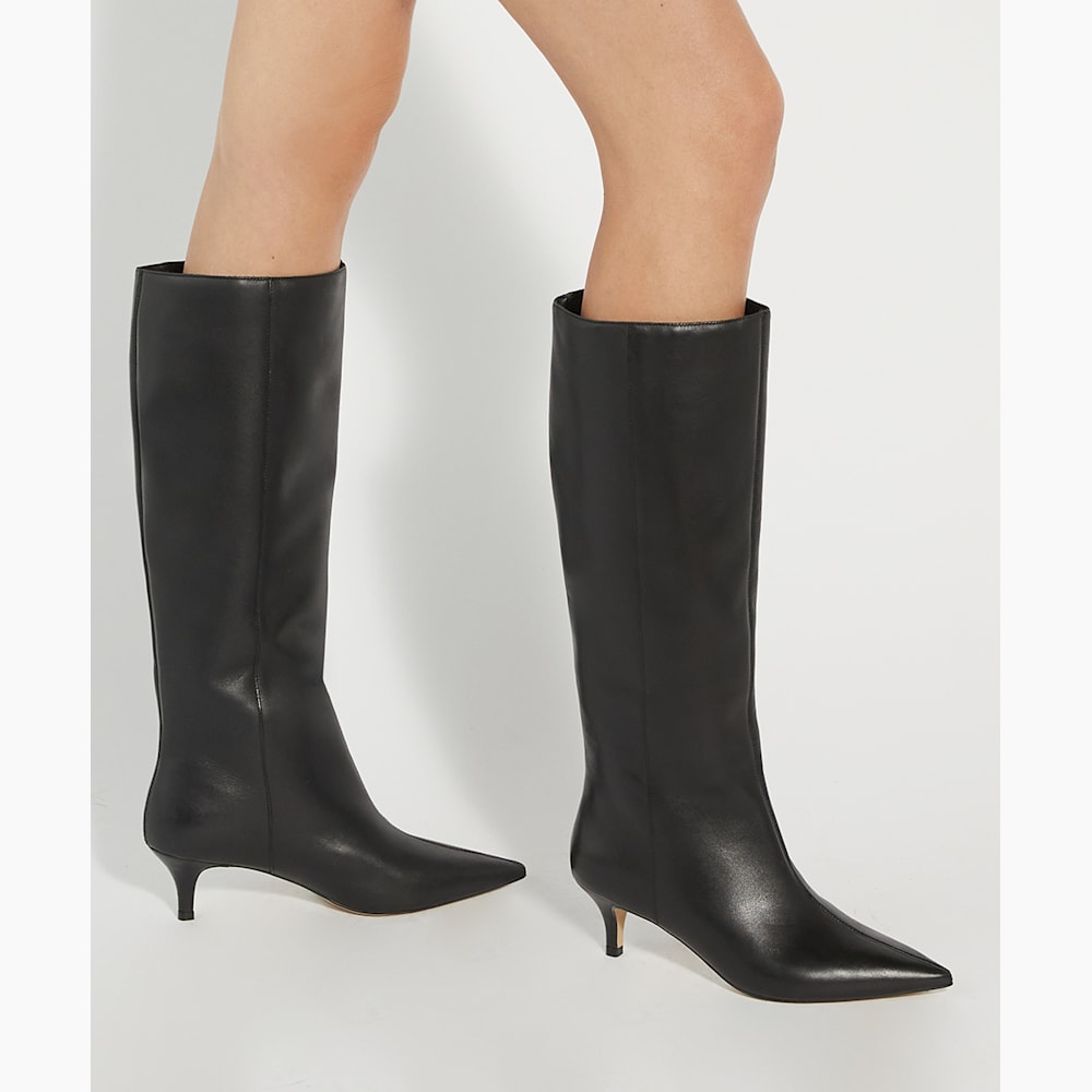 Smooth Black Kitten Heeled Leather Knee High Boots Dune London