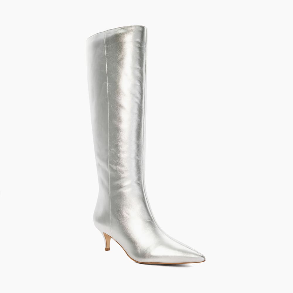 Smooth Silver Kitten Heeled Knee High Boots Dune London
