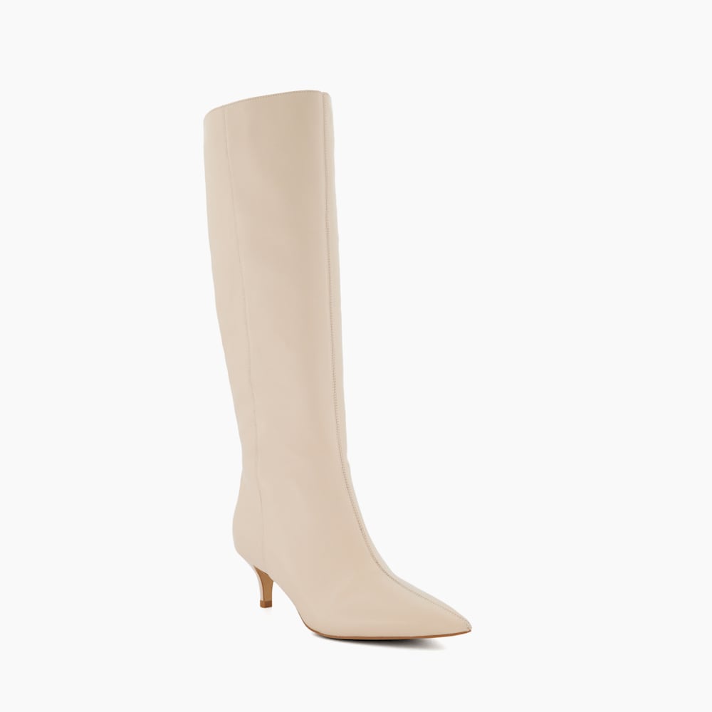 Smooth Ecru Kitten Heeled Knee High Boots Dune London
