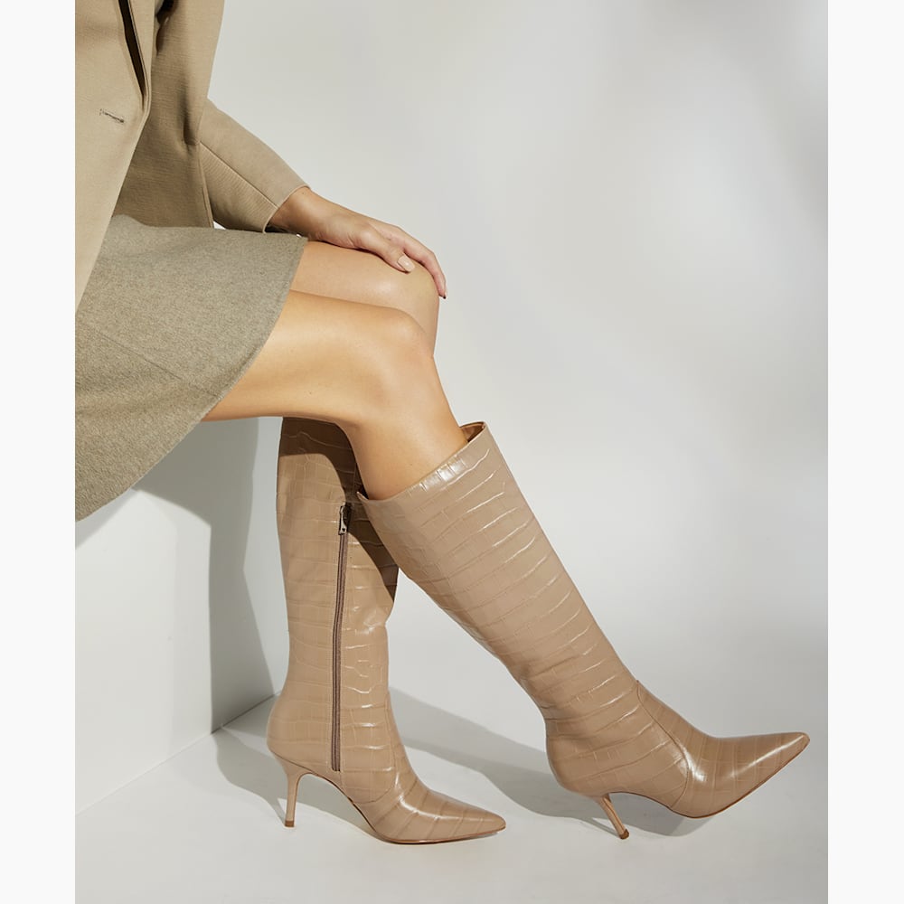Taupe knee high boots flat hot sale
