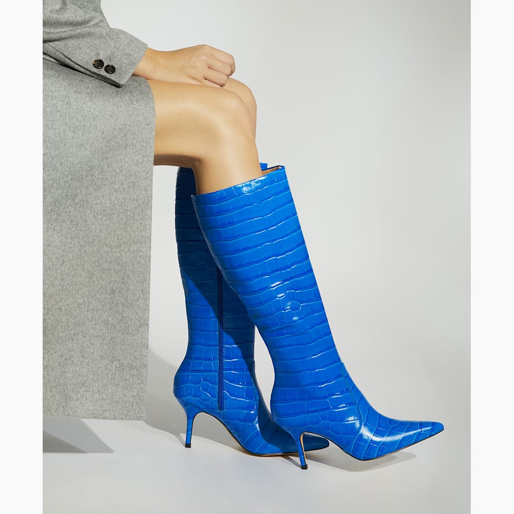 Spritz Blau, Kniehohe Stiefel aus Leder in Kroko-Optik Dune London