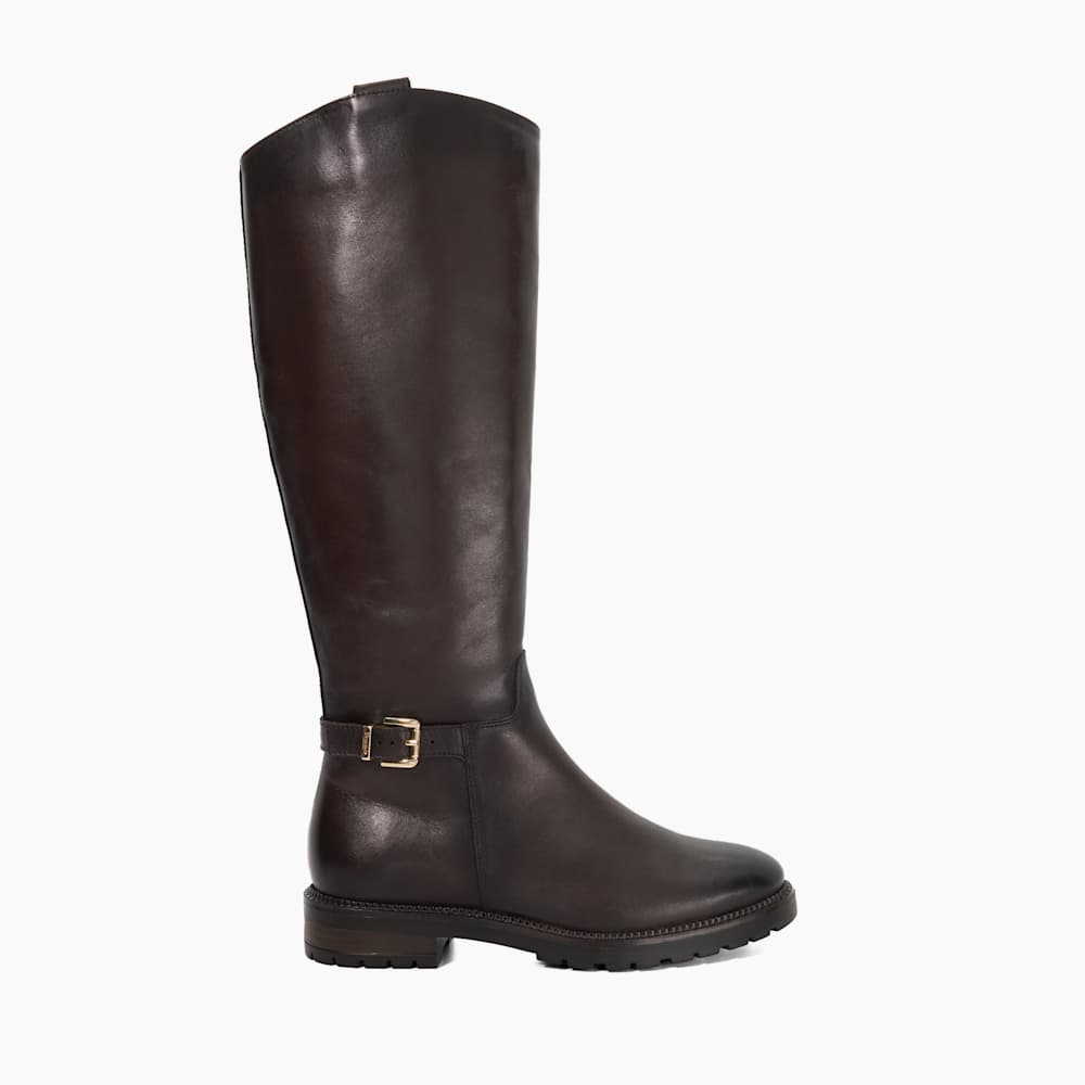 Tabbey Brown, Leather Buckle Knee High Boots Dune London