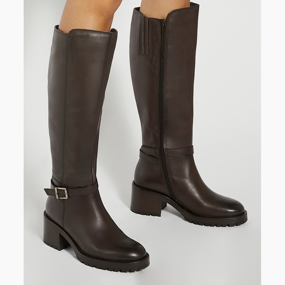 Tassie Brown, Knee High Block Heel Buckle Boots Dune London