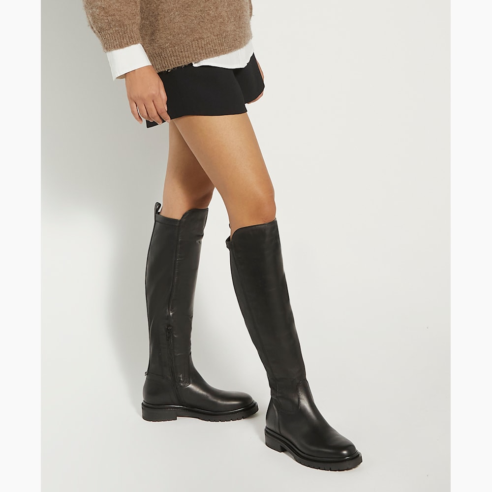Tempar Black Cleated Sole Leather Knee High Boots Dune London
