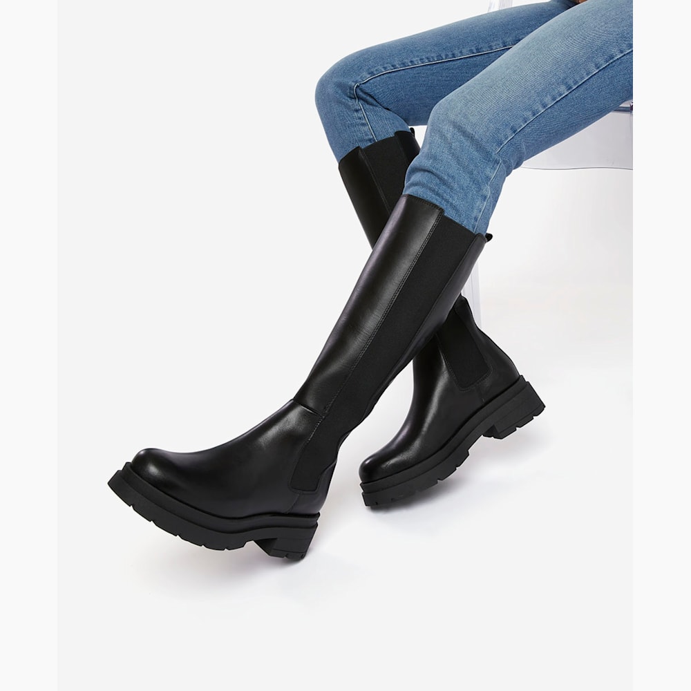 Tempas Black Chunky Sole Leather Knee High Boots Dune London