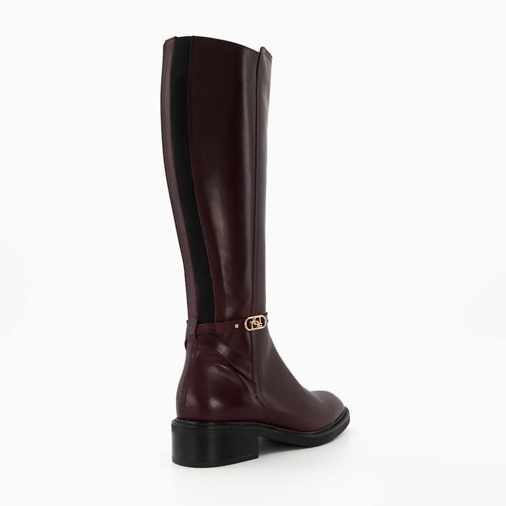 Tia Burgundy, Branded-Buckle Equestrian Boots Dune London