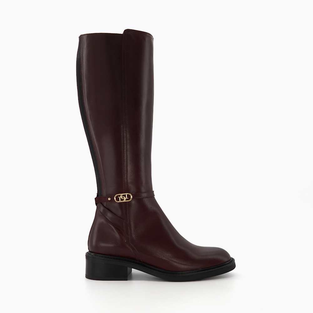 Tia Burgundy Branded Buckle Equestrian Boots Dune London