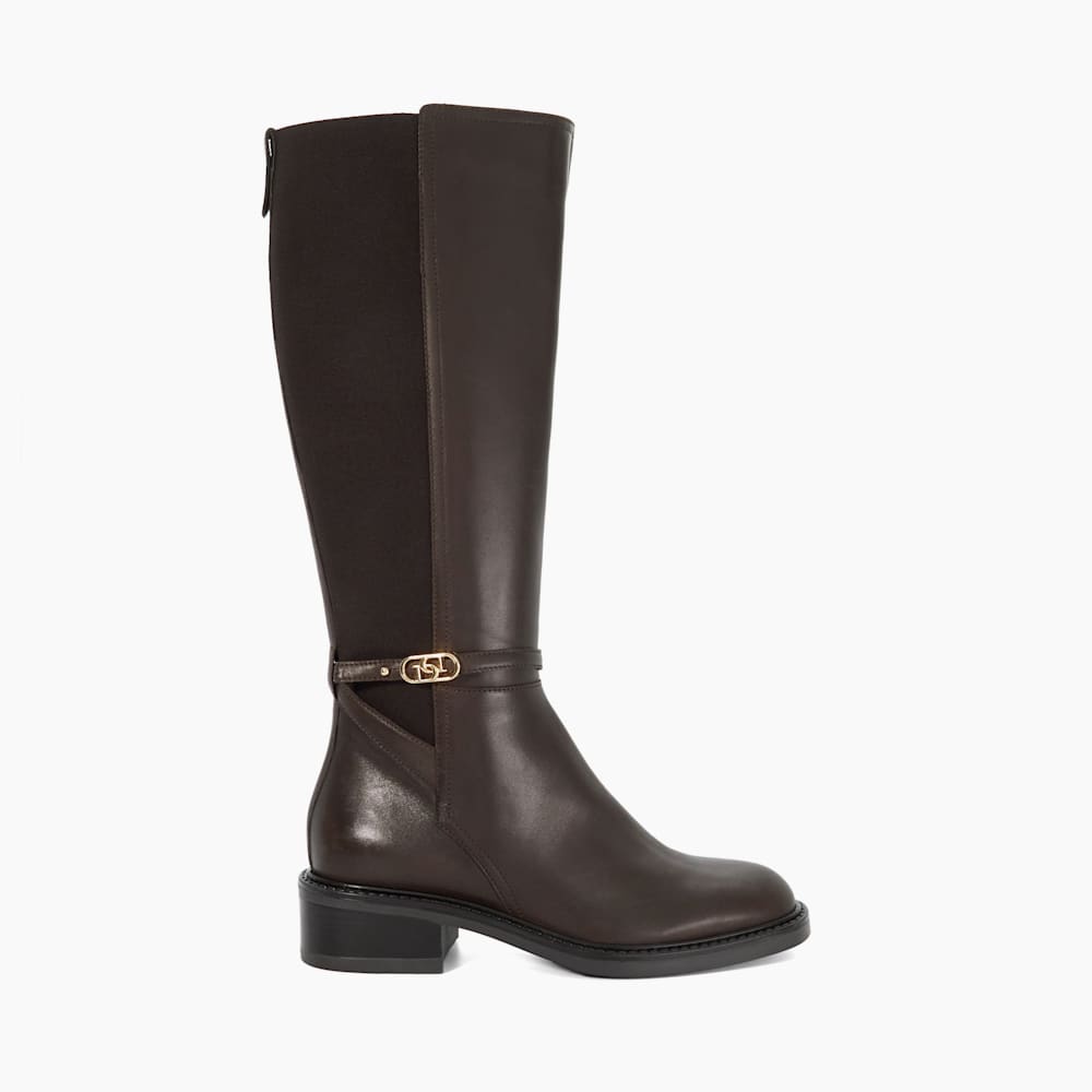 Tias Brown Branded Buckle Knee High Boots Dune London