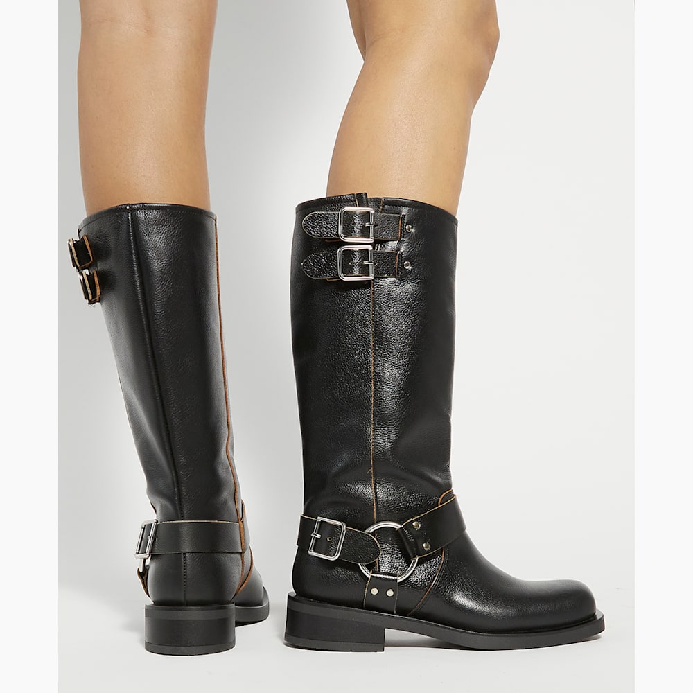 Totoe Black Buckle Detail Leather Knee High Boots Dune London