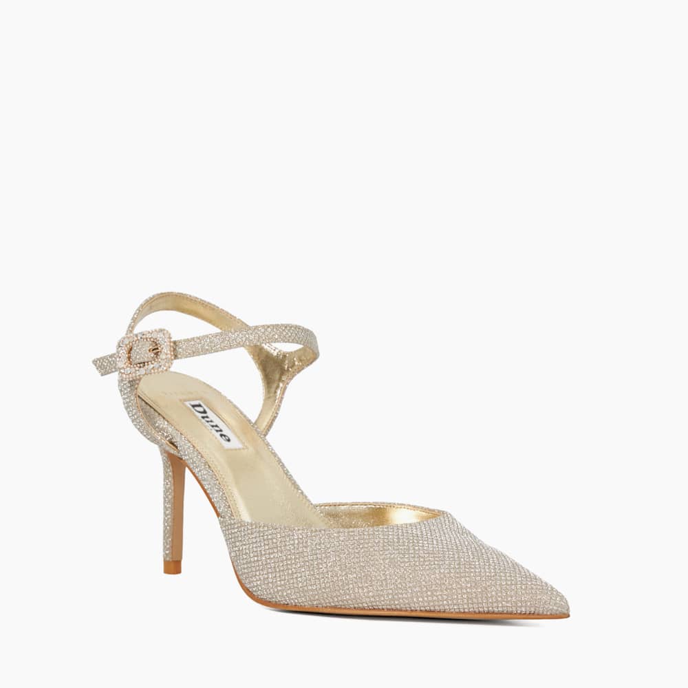 Channel Gold, Wide Fit Buckle Detail Embellished Heeled Courts | Dune London