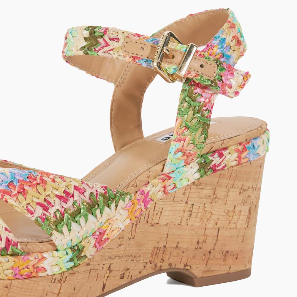 【DUNE LONDON】Kelulu 編み込み コルクウェッジ サンダル Kelulu Multi, Rainbow Raffia Cork Wedge | Dune London