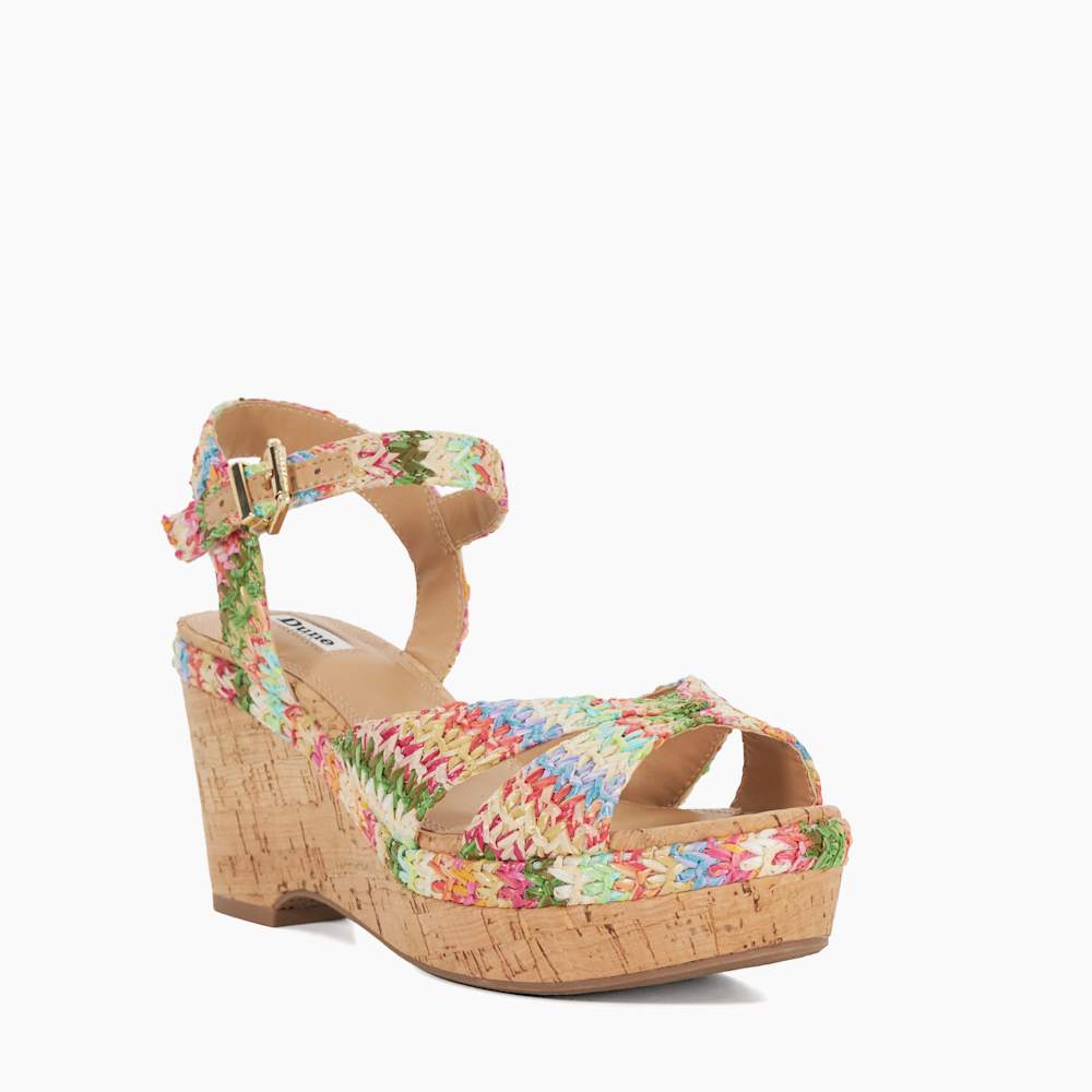 【DUNE LONDON】Kelulu 編み込み コルクウェッジ サンダル Kelulu Multi, Rainbow Raffia Cork Wedge | Dune London