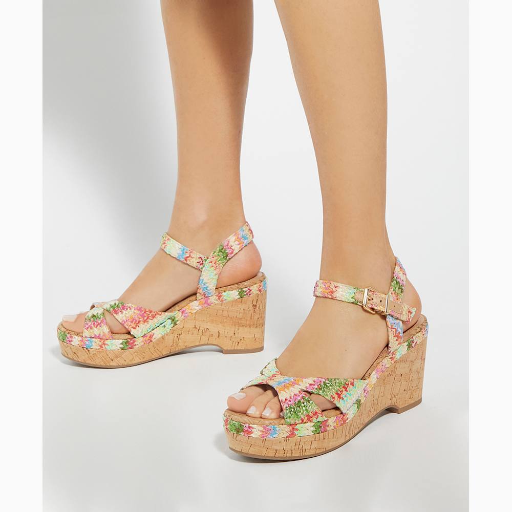 【DUNE LONDON】Kelulu 編み込み コルクウェッジ サンダル Kelulu Multi, Rainbow Raffia Cork Wedge | Dune London