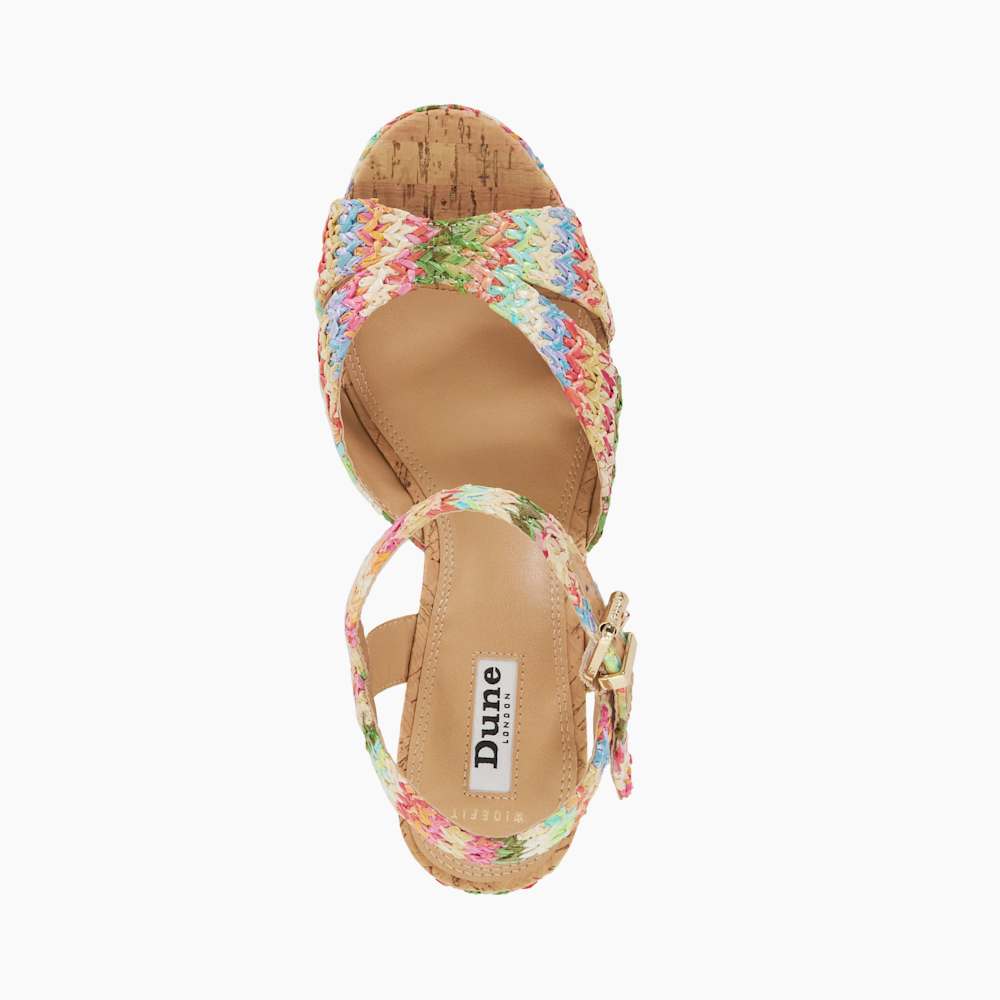 【DUNE LONDON】Kelulu 編み込み コルクウェッジ サンダル Kelulu Multi, Rainbow Raffia Cork Wedge | Dune London