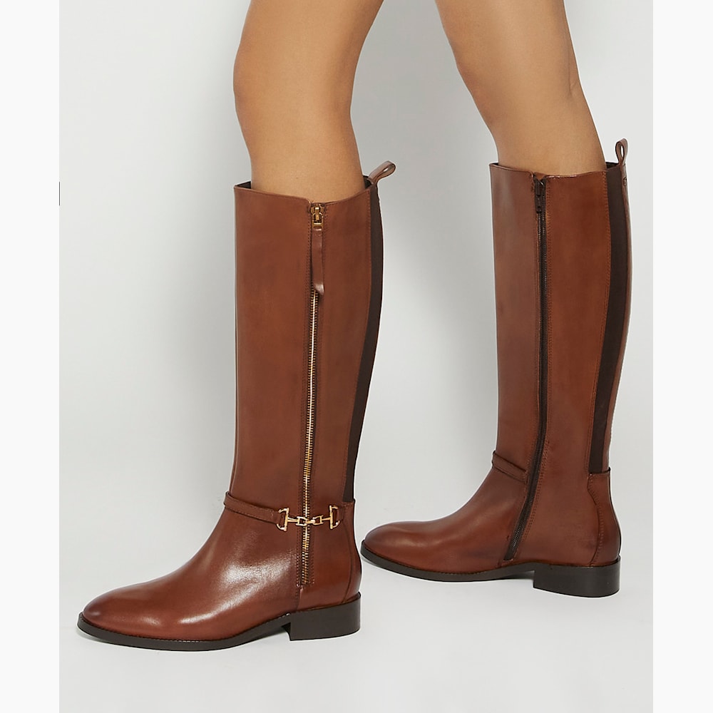 Taylyn Tan Knee High Boots With Signature Buckle Detail Dune London