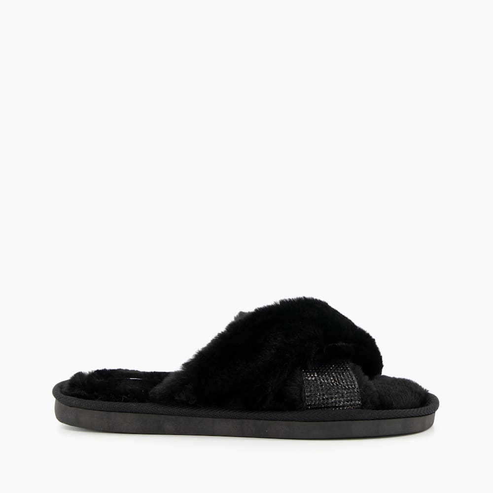 Winta Black Diamante Cross Strap Faux Fur Slippers Dune London