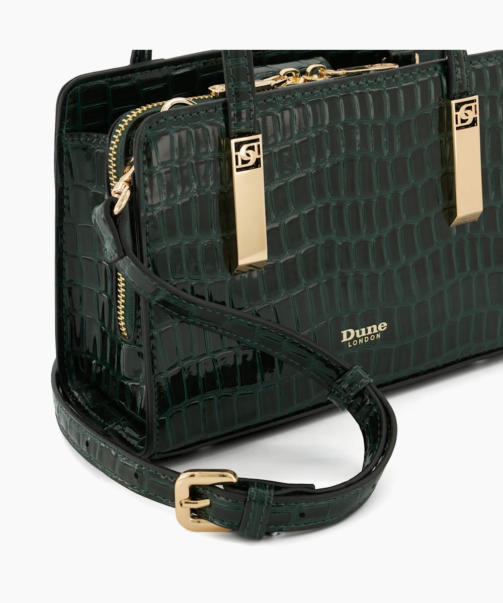 Dinkydenbeigh Dark Green Small Branded Patent Croc Effect Tote