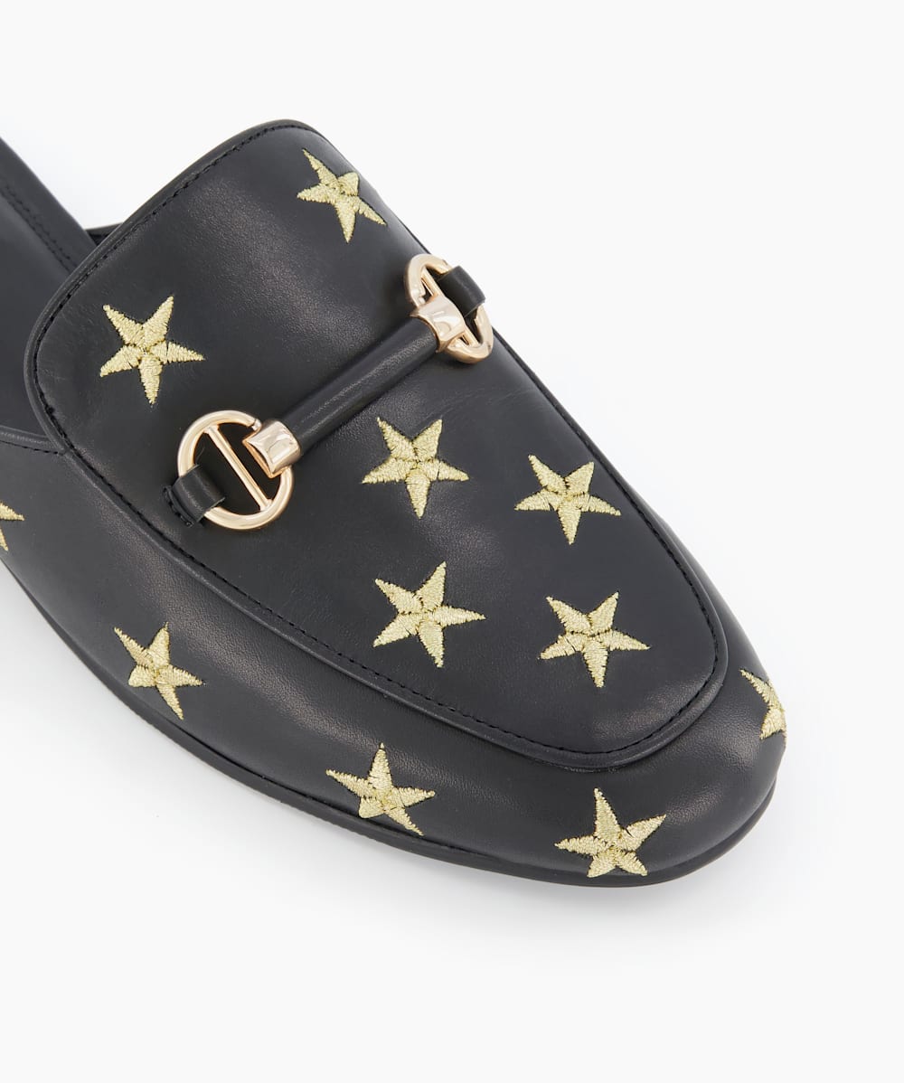 Galaxies Black Star Embroidered Backless Loafers Dune London