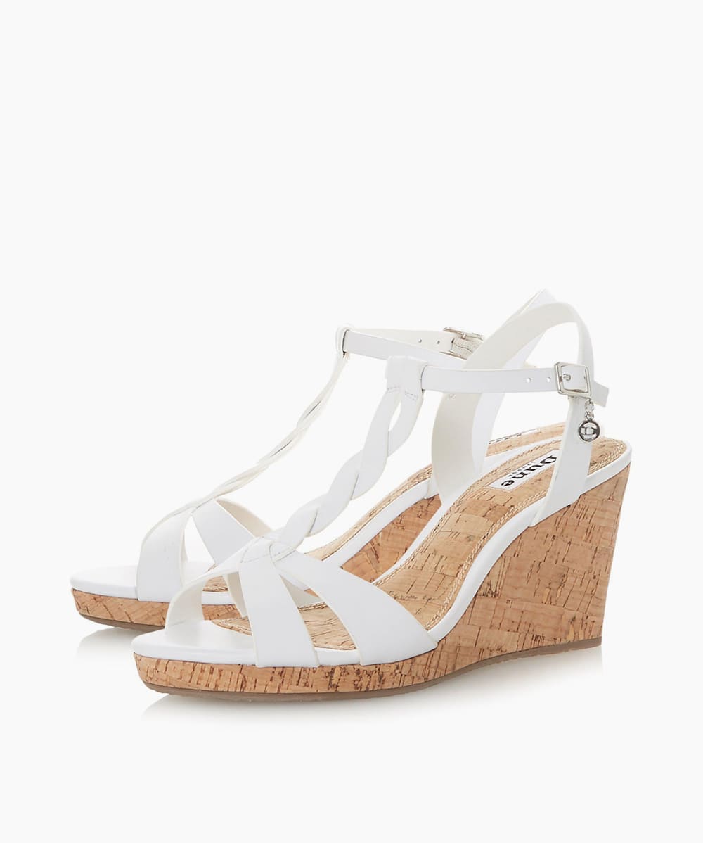 Koala White Plait T Bar Strap Cork Wedge Heel Dune London