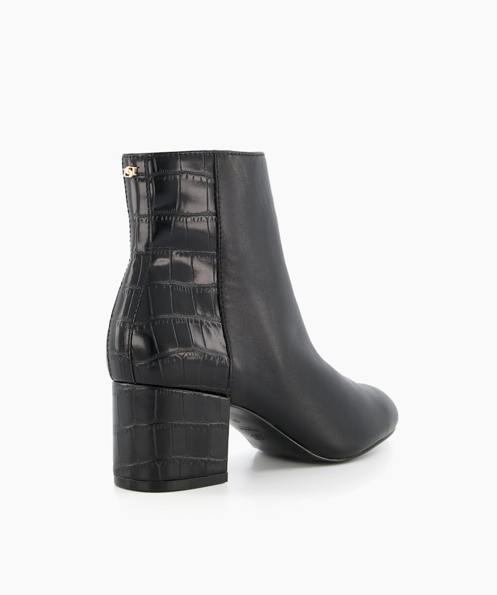 Oleah Black Leather Reptile Block Heel Ankle Boots Dune London