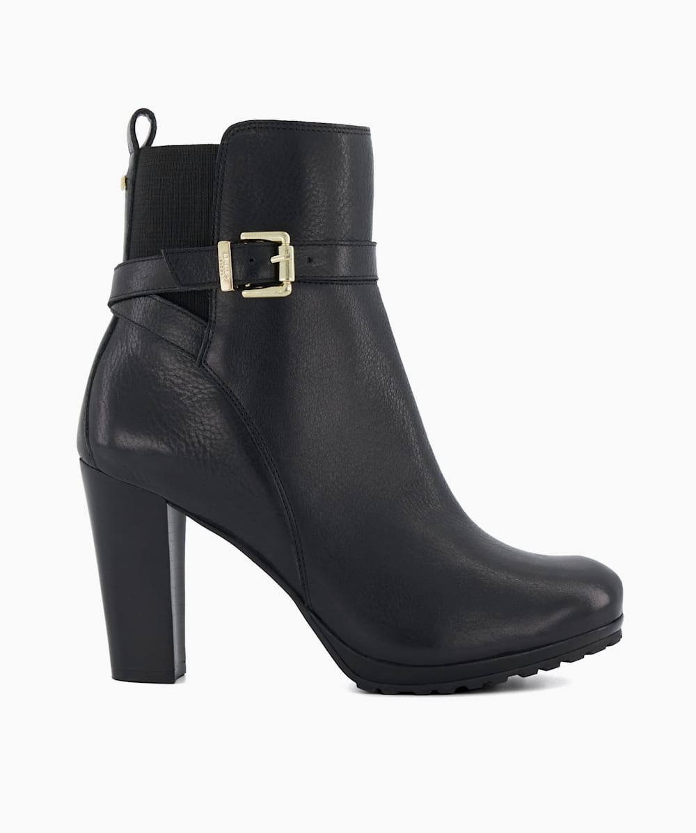 Orielle Black Buckle Detail Block Heeled Ankle Boots Dune London