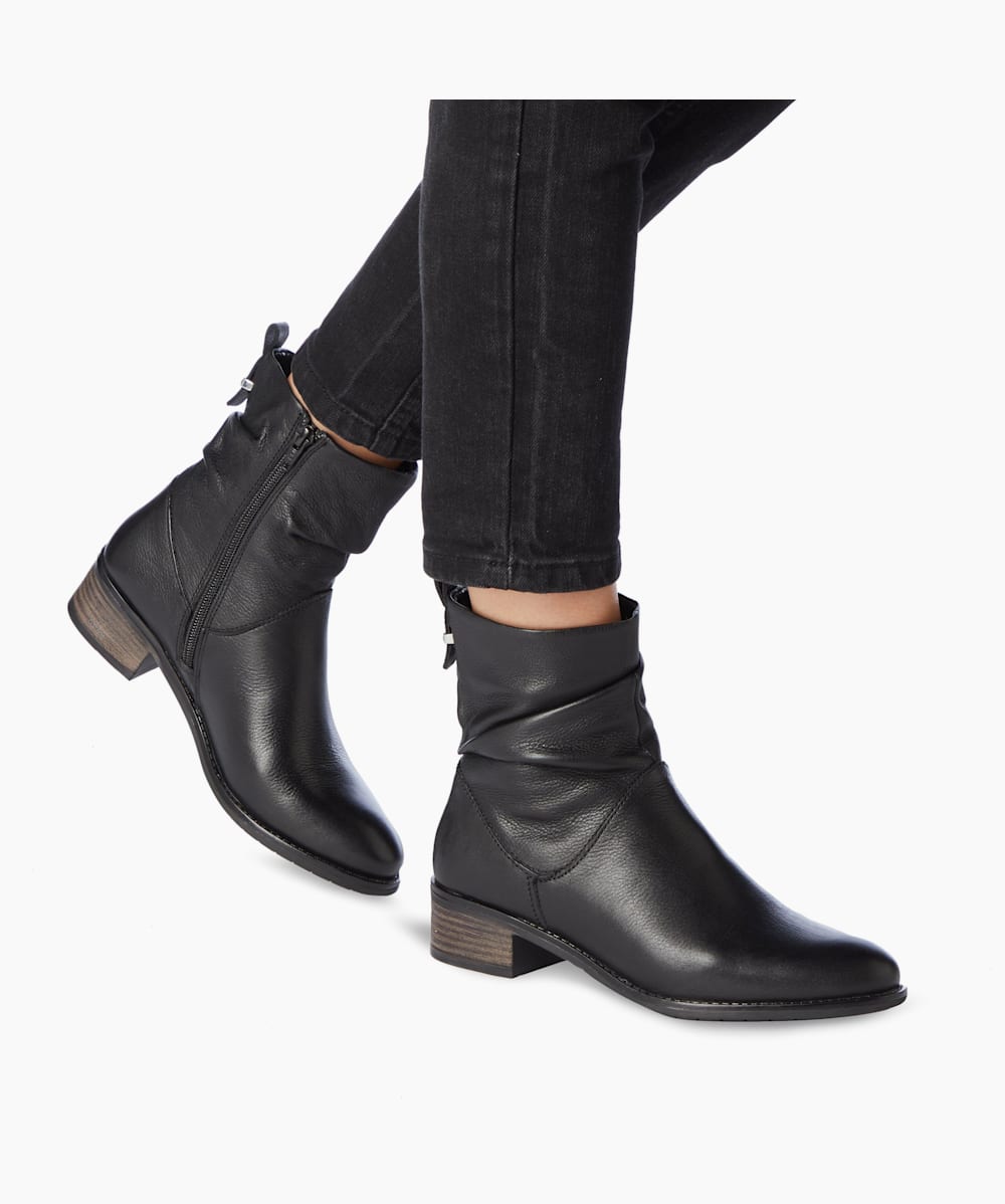 Womens Dune Ladies Ruched Low Block Heel Ankle Boot Black Leather