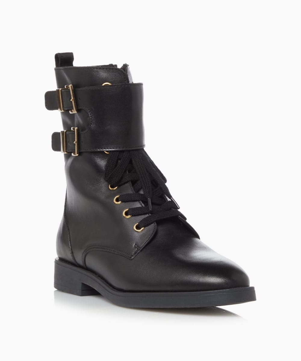 Pictor Black Double Buckle Flat Ankle Boots Dune London