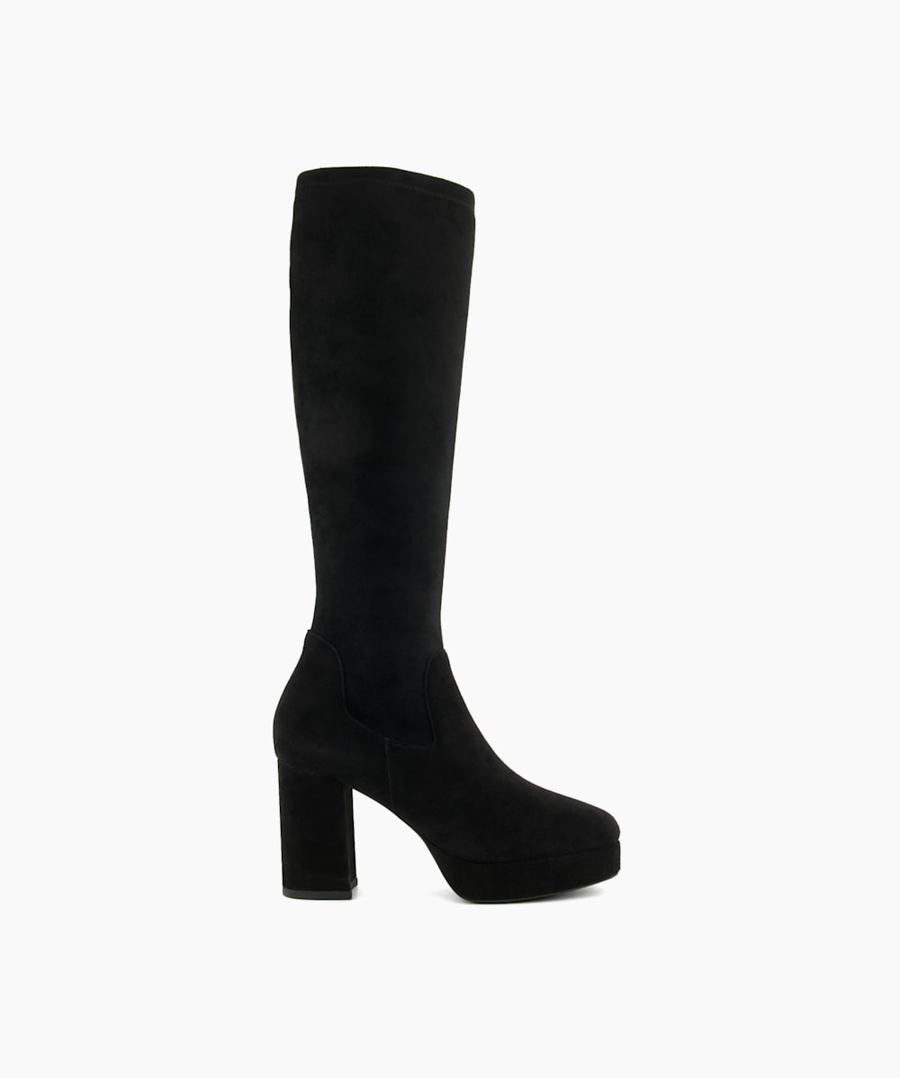 Sassy Black Platform Knee High Stretch Boots Dune London