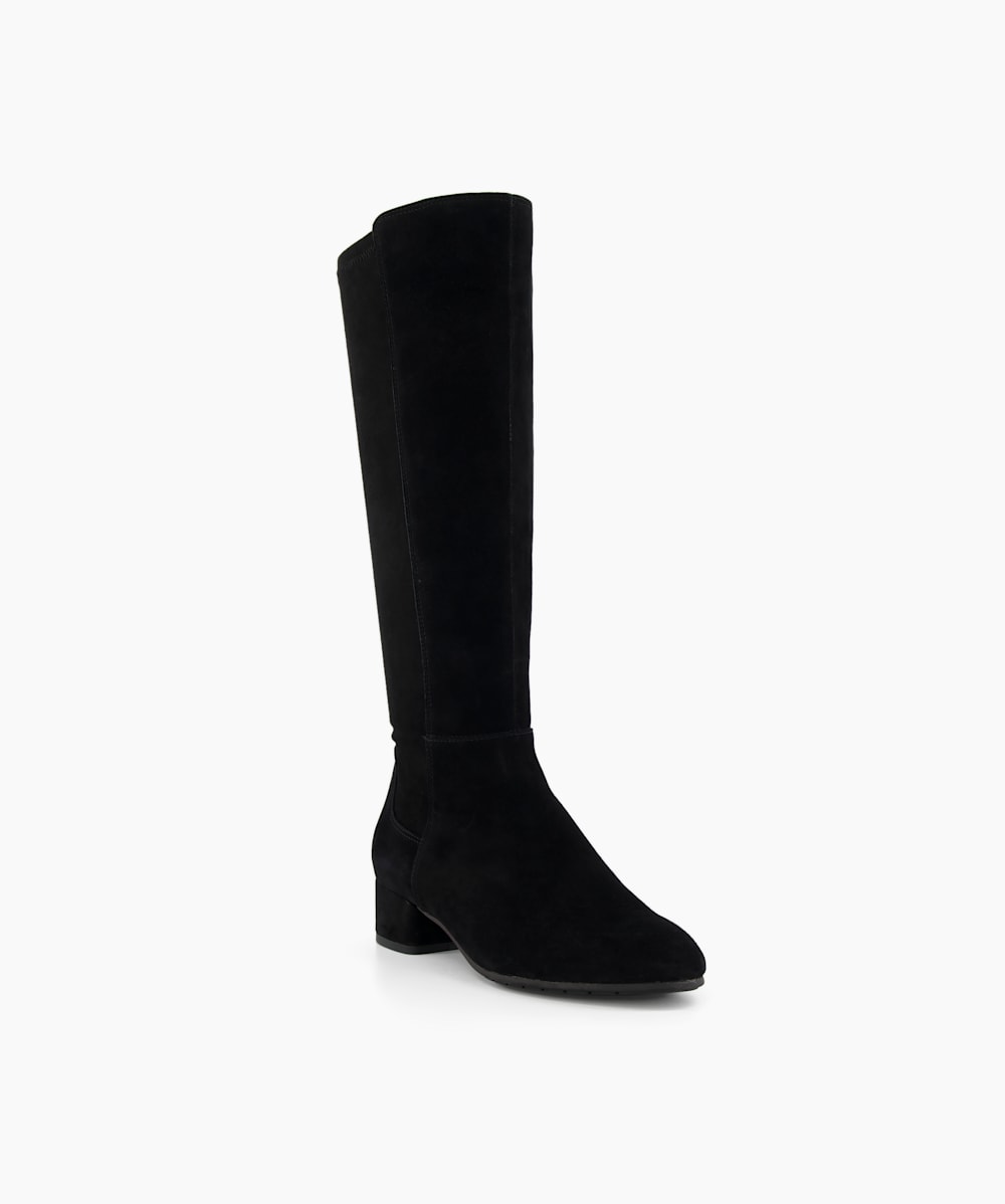 Black suede stretch knee high boots hot sale