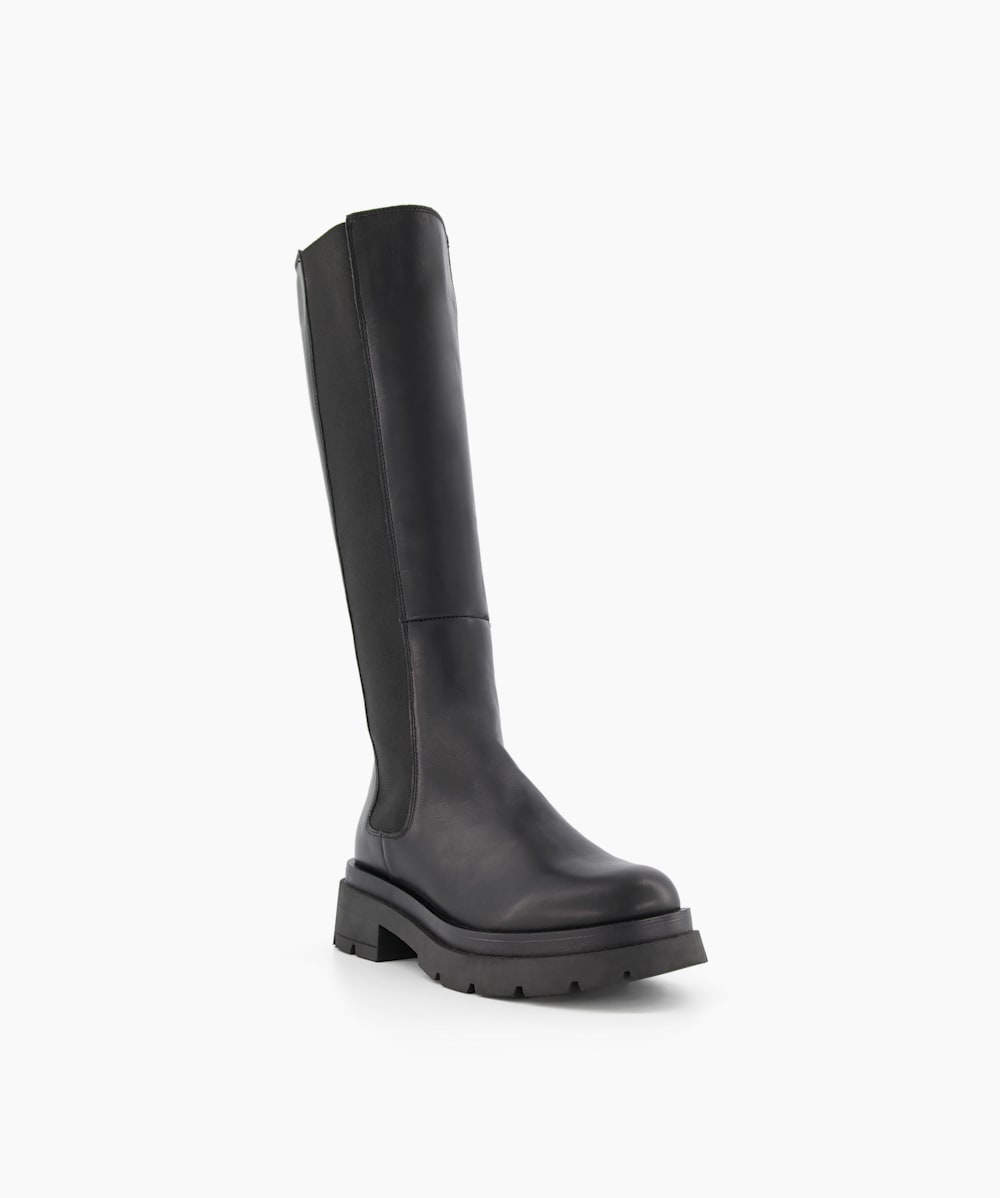 Tempas Black Chunky Sole Leather Knee High Boots Dune London