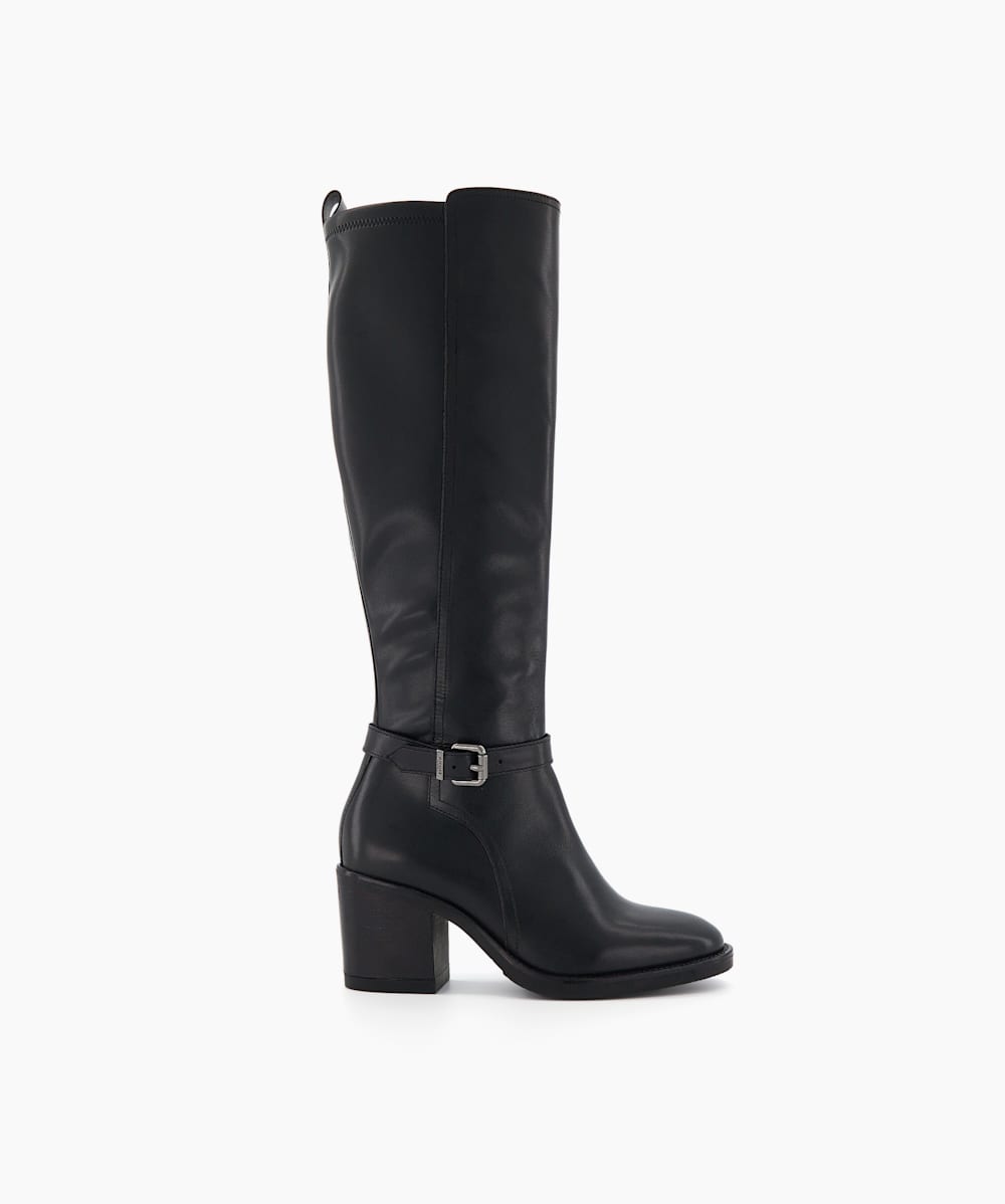 Trance Black Leather Knee High Stretch Boots Dune London
